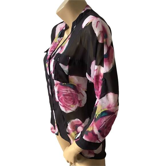 CANDIES Womens Size XS Sheer Convertible 3/4 Sleeve Floral Print Button Up Shirt - Picture 2 of 5